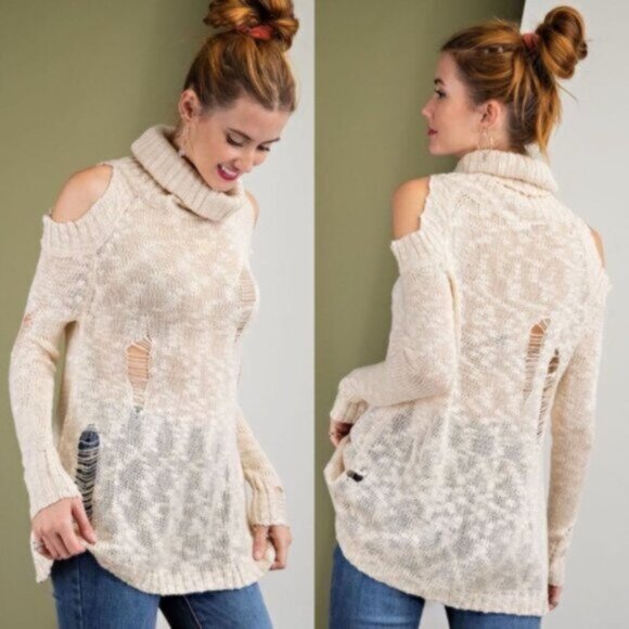 Easel | Bethany Distressed Destructed Cold Shoulder Sweater Tunic Cream Medium - Picture 1 of 14